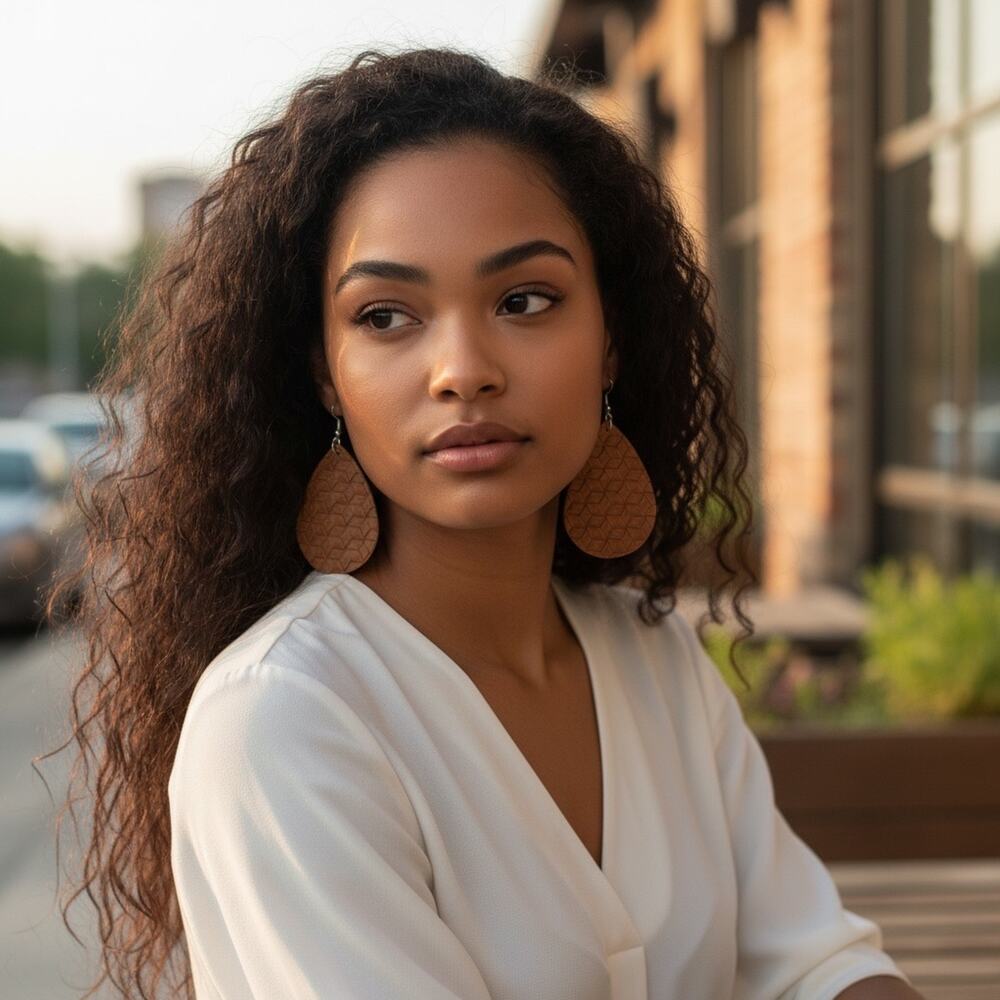 3/$25 - Brown Leather Teardrop Earrings Textured Lightweight Boho